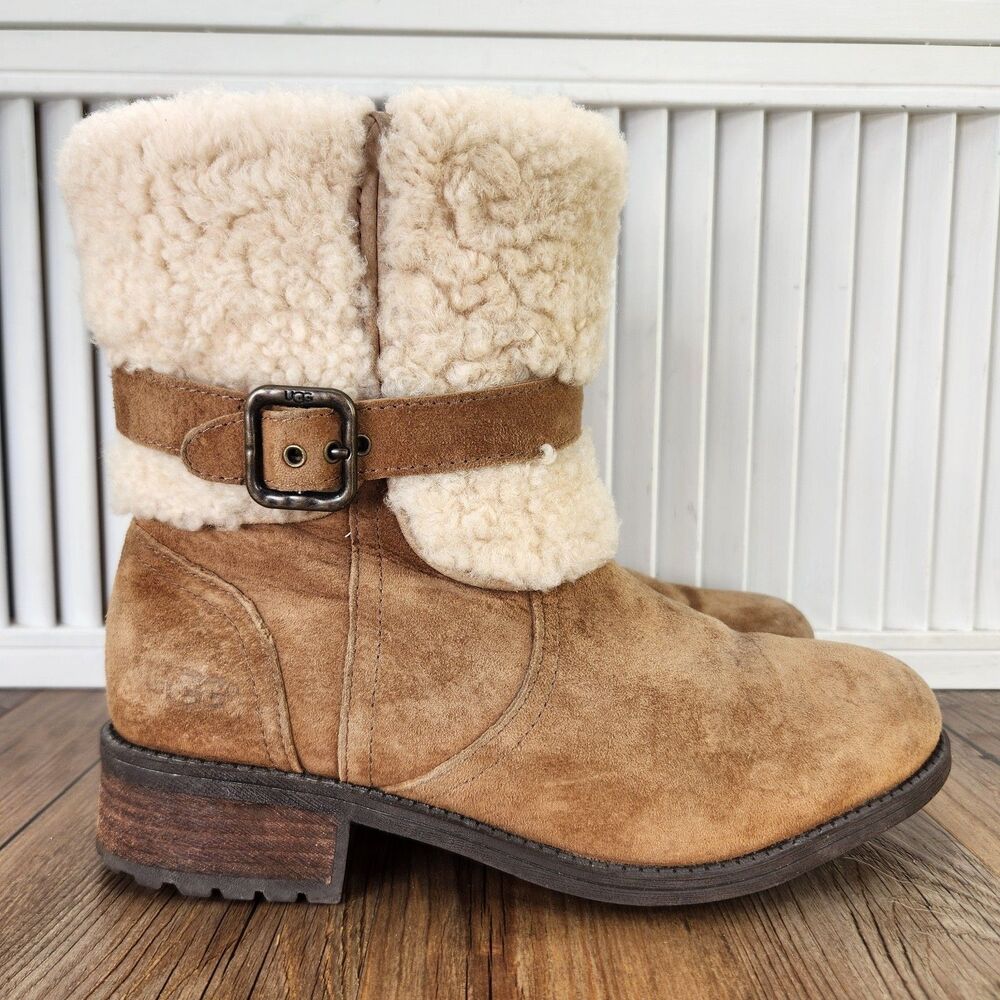 UGG Blayre II Chestnut Suede Boots Womens Sz 8 Brown Sheepskin Lined 1006039